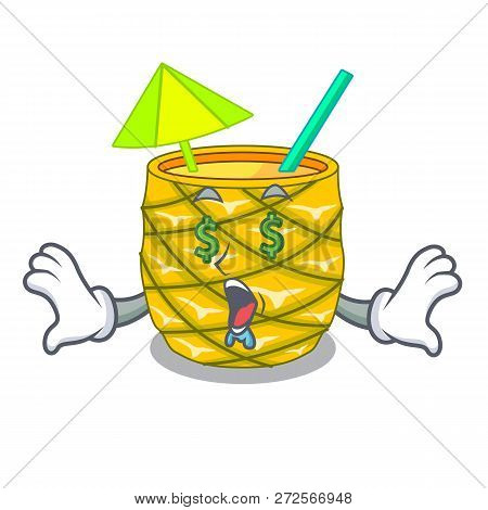 Money Eye Bottles Pineapple Juice On Cartoon Table