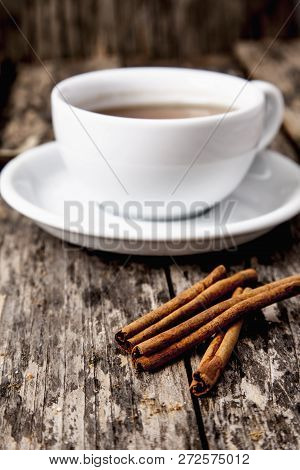 Closeup Of Cup Of Tea On Vintage Wooden Background. Food, Liveliness, Pleasure The Concept.