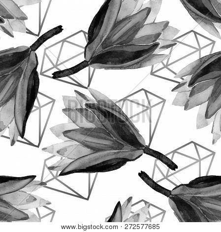 Black Llotus. Floral Botanical Flower. Watercolor Background. Seamless Pattern. Fabric Wallpaper Pri