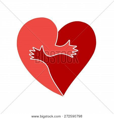 Two Cute Halves Of Heart Shape Embracing Each Other. Great As Metaphor For Loving Couple, Friendship