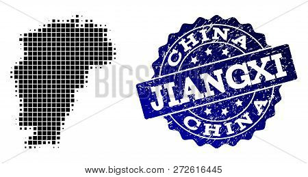 Geographic Combination Of Dot Map Of Jiangxi Province And Blue Grunge Seal Stamp Imprint. Halftone V