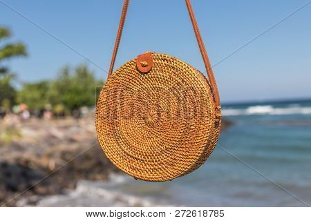 Nude Natural Organic Handmade Rattan Handbag Closeup. Sea Concept. Summer Style.