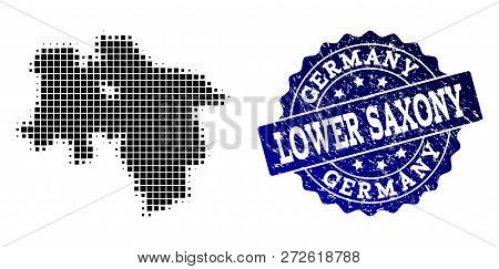 Geographic Composition Of Dot Map Of Lower Saxony State And Blue Grunge Stamp Watermark. Halftone Ve