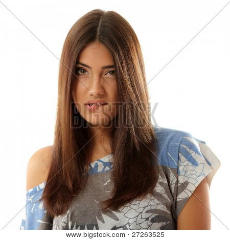 teen girl make faces isolated on white background