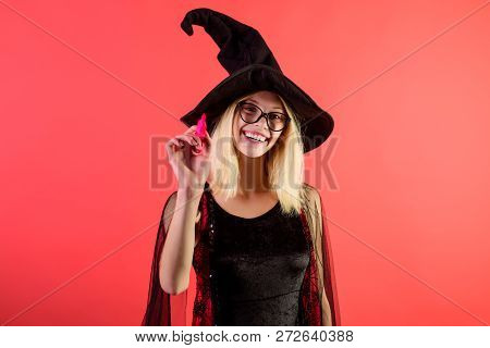 Sexy Enchantress In Black Dress With Marker In Hand. Back To School. School Supplies. Gorgeous Happy