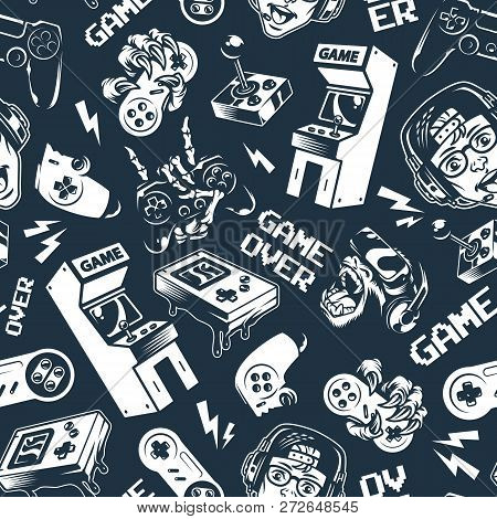 Vintage Monochrome Video Game Seamless Pattern With Electronic Gaming Devices And Gadgets On Dark Ba