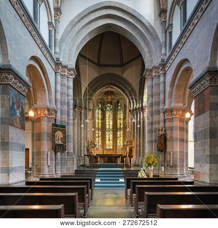 Germany, Cologne - September 14, 2018: View Throught The Main Aisle Of The Basilica Saint Andreas On