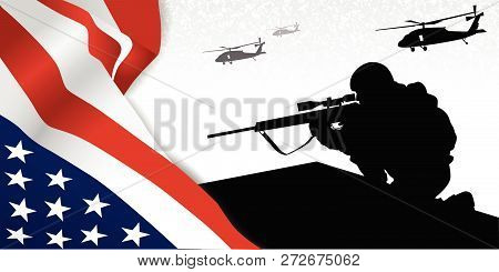 Military Illustration. Usa Flag Fragment, Soldir Black Silhouette With Sniper Rifle And Helicopters 