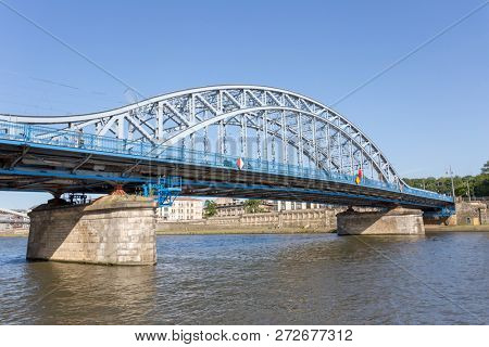 KRAKOW, POLAND - JUNE 9, 2018. Jozef Pilsudski Bridge over Wisla River in Krakow.