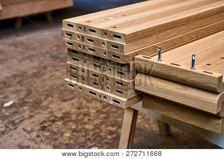 Wooden Elements Of A Double Bed. Furniture Manufacture. Close-up