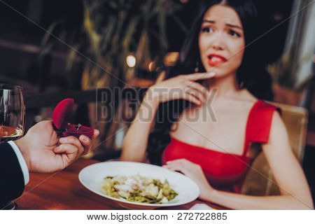 Man Proposing Engagement Ring And Getting Denied. Romantic Hispanic Couple In Love Dating. Cutel Man