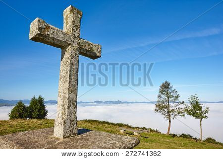 Antique Stone Cross Sanctuary In Asturias, Spain. El Acebo Viewpoint