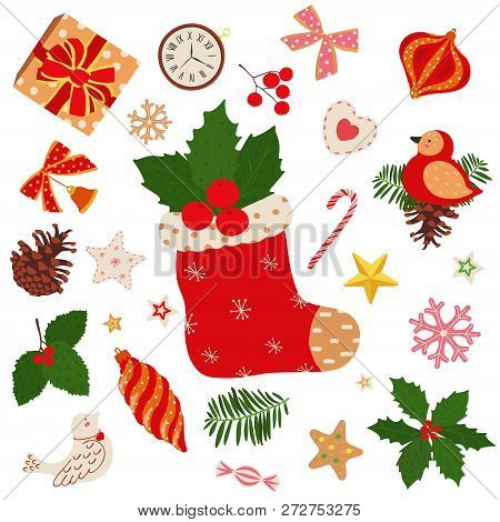 Merry Christmas Set  Illustration Scrap Stickers For Card. Christmas Sock, Mistletoe, Gift, Berry, C