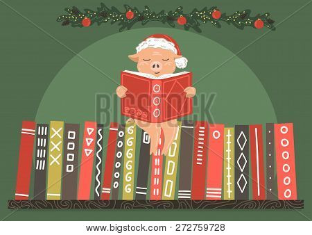 Pig In Red Hat Resding Book On Bookshelf With New Year Decor. New Year Greeting Vector Illustration.
