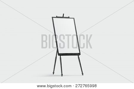 Blank White Canvas Stand On Black Easel Mockup, Isolated, 3d Rendering. Empty Poster For Picture In 