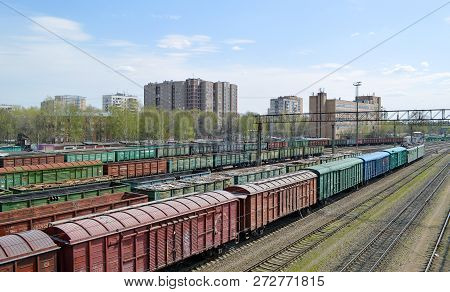 Moscow, Russia - May, 2017: Freight Railroads Train At The Station Beskudnikovo Moscow Railway