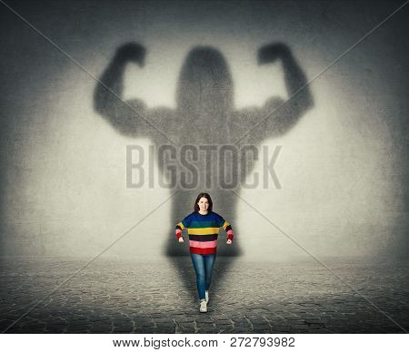 Confident Businessman Imagine Himself A Powerful Hero, Casting Shadow Of Big Strong Muscular Bodybui