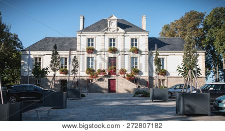 Montaigu, France - August 2, 2018: Architectural Detail Of The Town Hall Of The City On A Summer Day