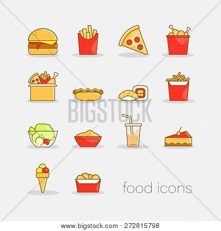 Set Of Colorful Hand Drawn Doodle Style Fast Food Icons. Flat Colorful Illustration For Web.
