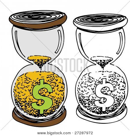 Et billede af et dollartegn time glas med guld sand.