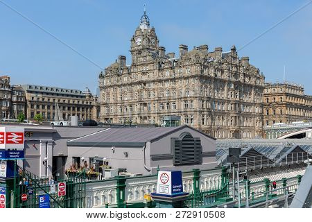 Edinburgh, Scotland - May 24, 2018: Edinburgh Waverley Railway Station. In The Background Palm Court