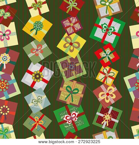 Bright Christmas Presents In A Vertical Linear Seamless Vector Pattern On Subtly Striped Dark Green 