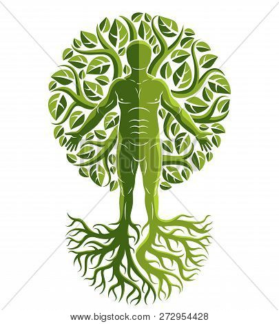 Vector Illustration Of Human Being Created As Continuation Of Tree With Strong Roots And Composed Us