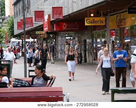 Sodertalje, Sweden - August 3, 2002: View Of The Pedestrian Street Storgatan With The Ahlens Departm