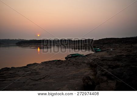 Longtail Boat, Berth At Sand Sam Pan Bok Grand Canyon In Maekhong River, Northeast Of Thailand