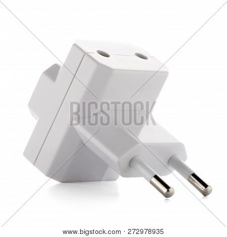Triple Outlet Tap. Electric Energy Adapter Used To Split Socket Outlet. Isolated On White Background