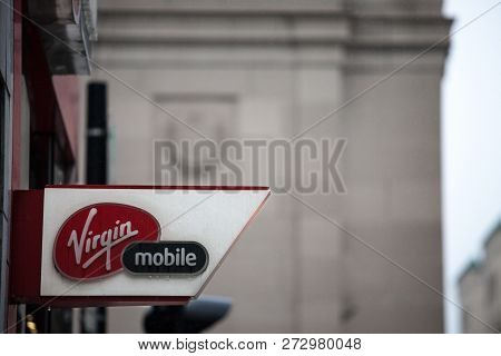 Montreal, Canada - November 5, 2018: Virgin Mobile Logo On Their Main Shop For Montreal Center. Part