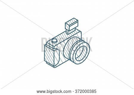 Digital Photo Camera Isometric Icon. 3d Line Art Technical Drawing. Editable Stroke Vector