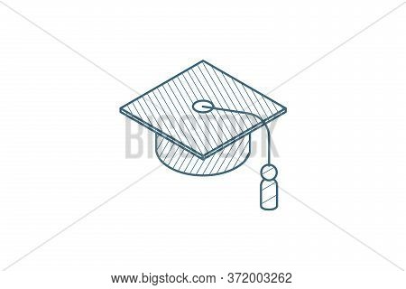 Graduation Hat Isometric Icon. 3d Line Art Technical Drawing. Editable Stroke Vector
