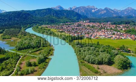 Aerial View Over The City Of Fuessen In Bavaria, Germany - Home Of The Famous Bavarian King Ludwig C
