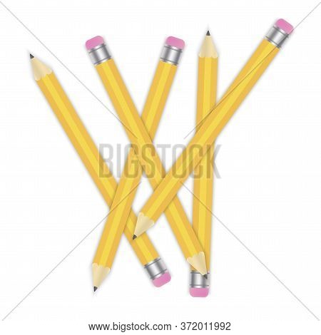 Scattered Pencils On A White Background. Wooden School Pencils Close Up. Image Of Office Supplies. V
