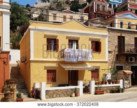 Symi Island, Greece, Traditional House, Ano Symi Town. Symi, Greece, June 19, 2020