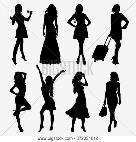 Silhouettes Women. A Lot Of Vector Black Silhouettes Of Beautiful Women On White Background