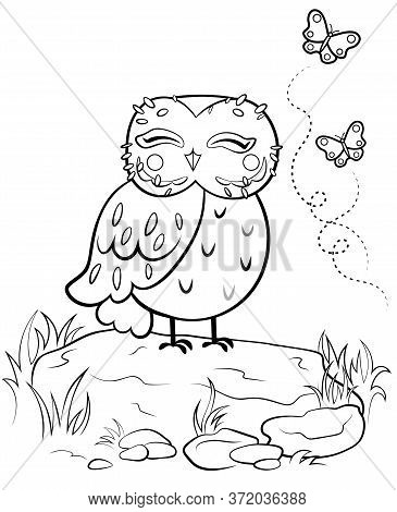 Printable Coloring Page Outline Of Cute Cartoon Owl On Stone With Butterflies. Vector Image With Nat