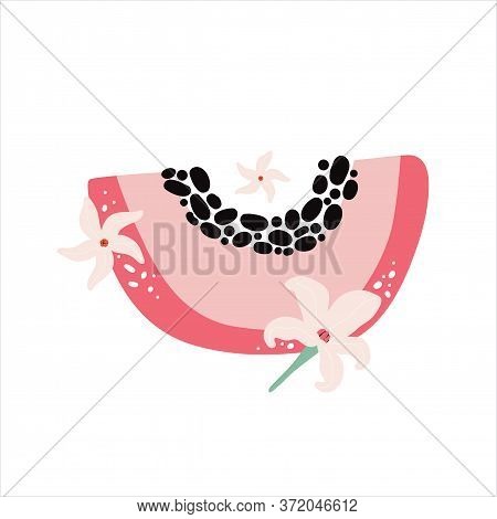 Slice Of Sweet Pink Papaya. Tropical Fruit With Pulp, Seeds And Flowers. Vector Flat Illustration. M