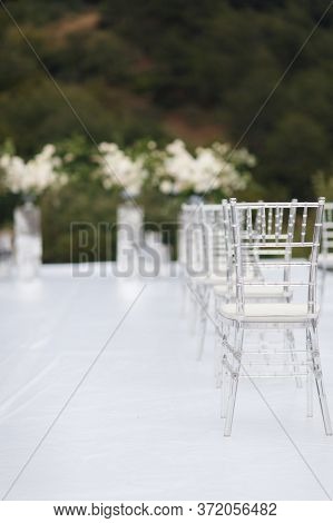 Beautiful Decorations On Wedding Celebration Ceremony Outdoors. Nature Background