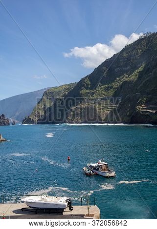 Porto Moniz, Madeira, Portugal - April 18, 2018: Fishing Port And Marina In Porto Moniz On The North