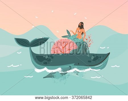 Hand Drawn Vector Abstract Stock Flat Graphic Illustration With Young Happy Beauty Woman Mermaind Ii