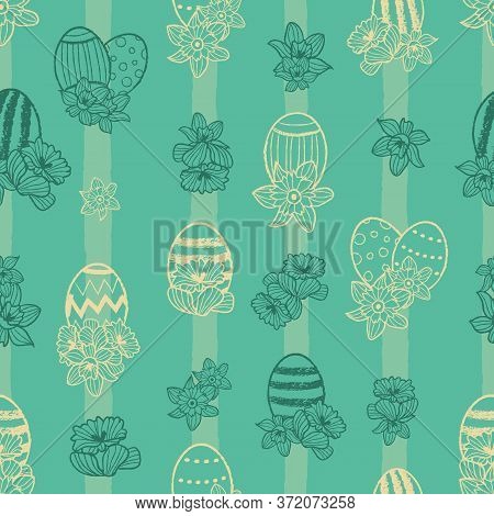 Pastel Easter Eggs Seamless Pattern Green Print Background. Surface Pattern Design. Great For Packag