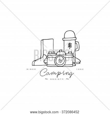 Vector Set Of Liear Camping And Hiking Icons Or Logos . Traveling Emblem Or Round Badge With Traveli