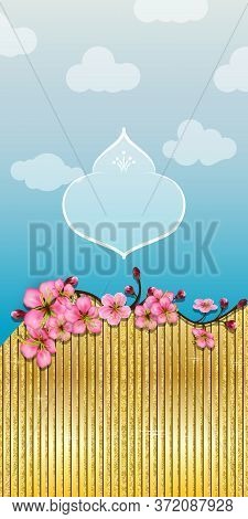 Gold Vertical Template With Sakura Branch And Flowers. Luxury Business Floral Card Layout. Golden Ba