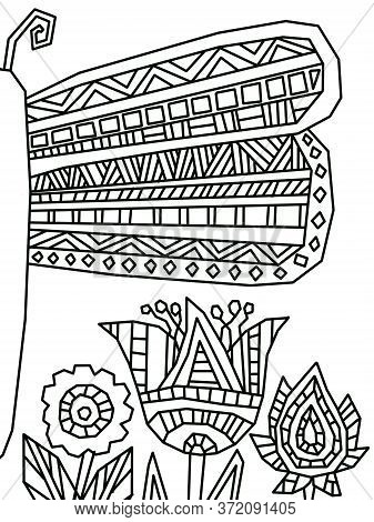 A Half Of Stylized Doddle Butterfly And Flowers Illustration. Outline Black On White Bacground. Geom