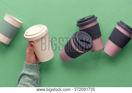 Assorted Bamboo Travel Reusable Coffee Or Tea Cups Or Mags With Silicone Insulation.one Cup With Cop