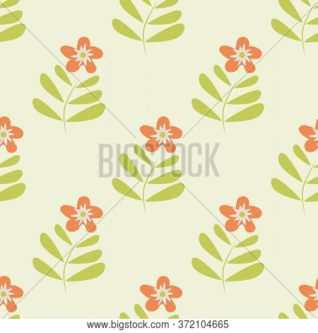 Retro Wild Meadow Flower Seamless Vector Pattern Background. Simple Orange Florals With Stem And Lea