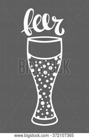 Beer Glass With Bubbles And Beer Lettering. White Handwritten Word With Design Element Isolated On G