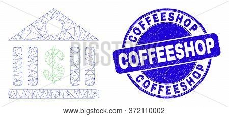 Web Mesh Dollar Bank Pictogram And Coffeeshop Seal Stamp. Blue Vector Round Grunge Stamp With Coffee